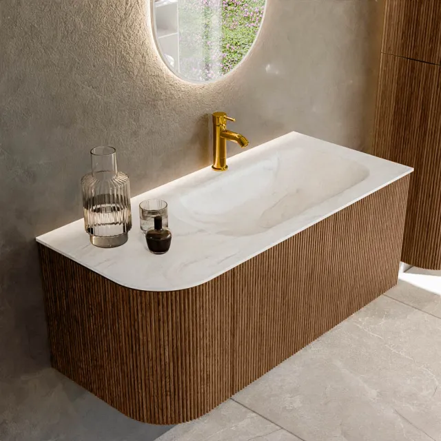 Mondiaz KURVE-DLUX 105 cm Onderkast Greeploos 1 Lade Met Deuren Walnut, Wastafel Solid Surface Rechts Ostra 1 Kraangat Zonder Spiegel (KRVBGS105L1L1D1KR-Wal/Ost)