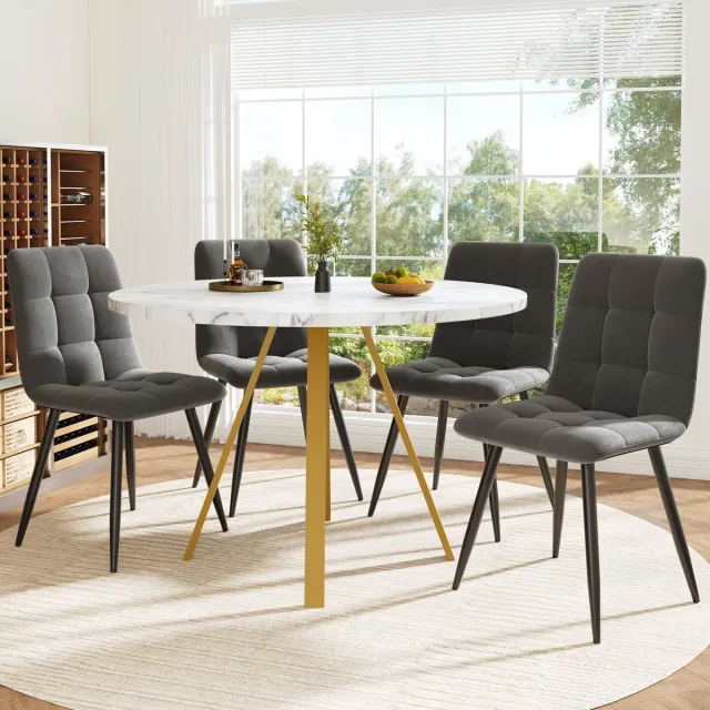 Merax Ronde eettafel voor 4 personen - 80x80x75 cm - keuken- en koffietafel - wit marmermotief met gouden tafelpoten