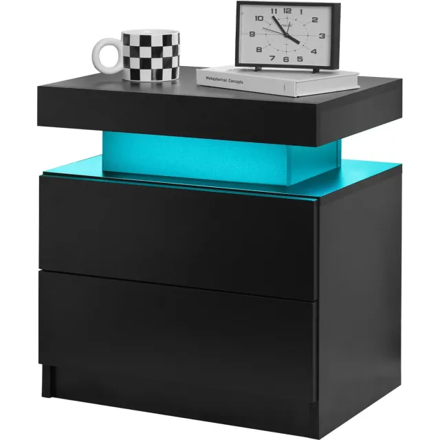 REDOM Nachtkastje 50 x 53 cm – Moderne Opbergkast met RGB LED en 2 Lades – Nachtkastje en Bijzettafel voor Slaapkamer of Woonkamer – MDF – Zwart