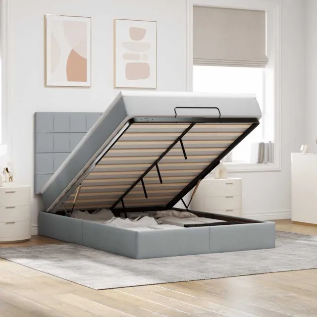 vidaXL Ottoman bed met matras 140x200cm stof lichtgrijs grijs