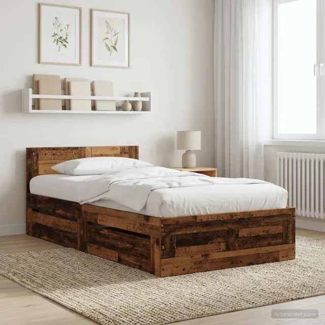 vidaXL Bedframe met lade met hoofdeinde 2 st Oud hout Bewerkt hout Bruin