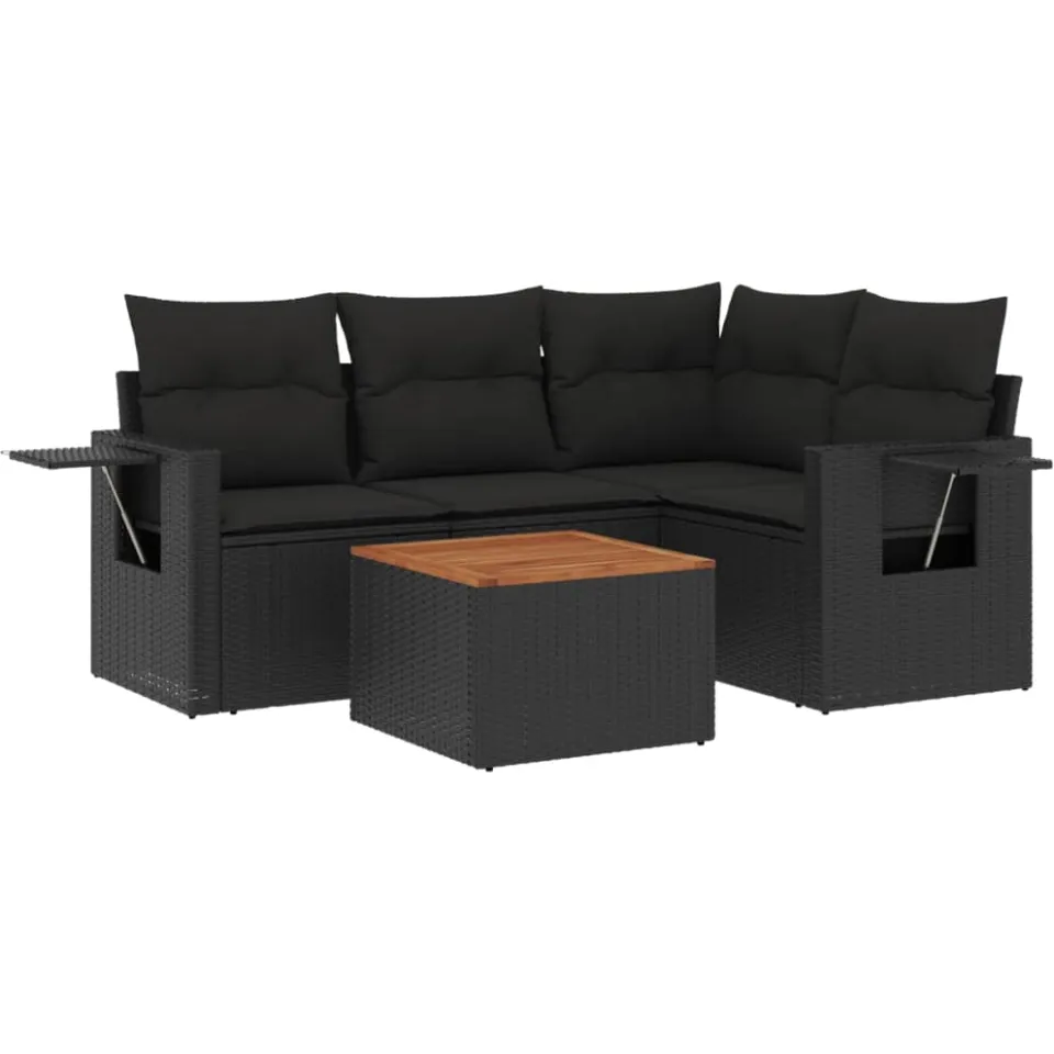 vidaXL 5-delige Loungeset met kussens poly rattan zwart, foto 3