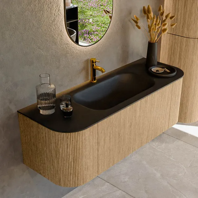 Mondiaz KURVE 130 cm Onderkast Greeploos 1 Lade Met Deuren Oak, Wastafel Solid Surface Midden Urban 1 Kraangat Zonder Spiegel (KRVBGS130L+R1L2D1KM-Oak/Urb)