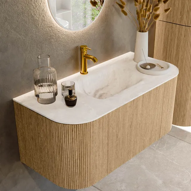 Mondiaz KURVE-DLUX 100 cm Onderkast Greeploos 1 Lade Met Deuren Oak, Wastafel Solid Surface MIdden Frappe 1 Kraangat Zonder Spiegel (KRVGRU100L+R1L2D1KM-Oak/Fra)