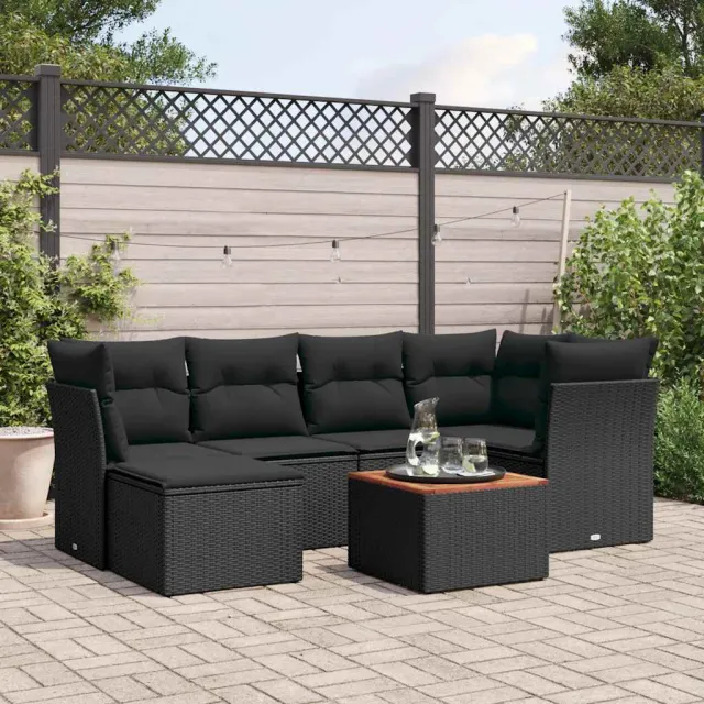vidaXL 7-delige Loungeset met kussens poly rattan zwart, foto 2