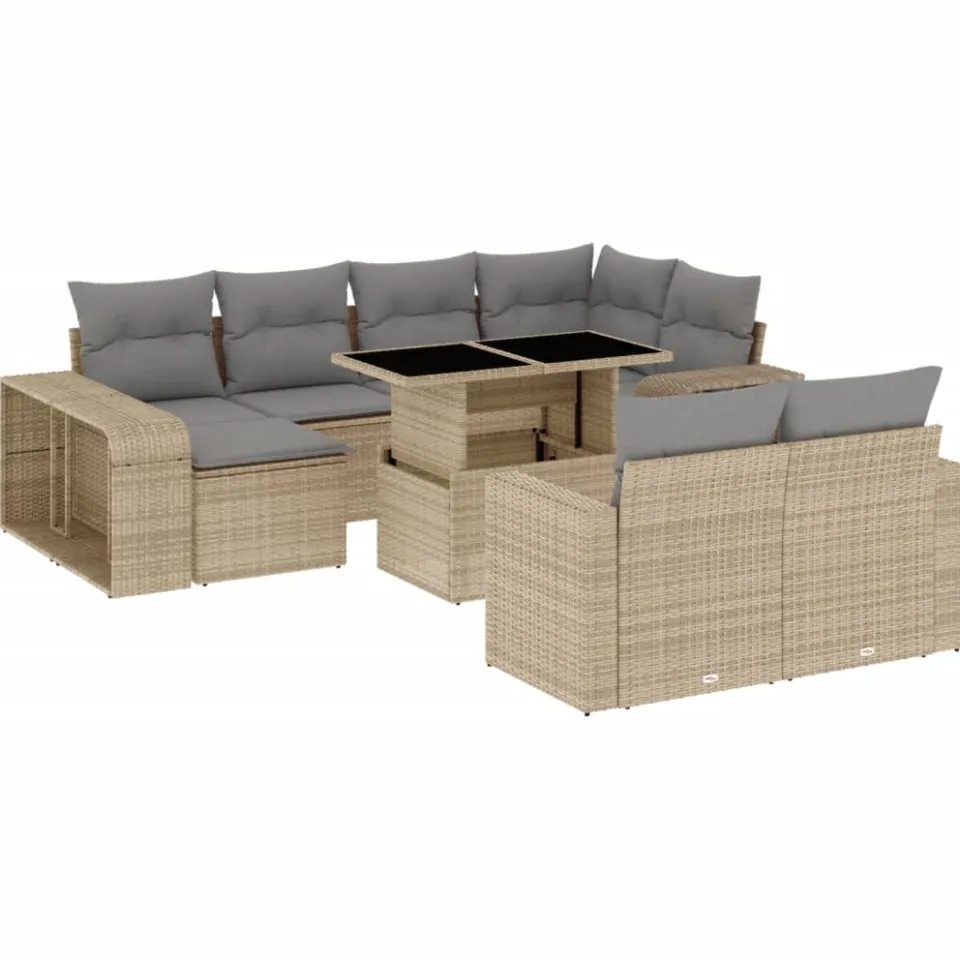 vidaXL 11-delige Tuinset met kussens poly rattan beige