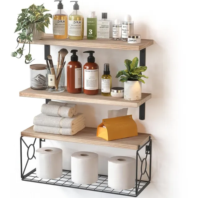 YONO Wandrek en Wandplanken Zwevend - 3 Planken - Hout en Metaal - Badkamer - Keuken - Industrieel - Organizer - Bruin