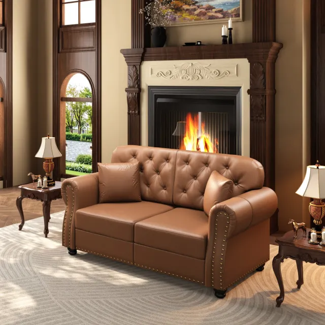 OKWISH Chesterfield Bank 160 cm - 2-Zitsbank met Knoopdetails, Rolarmleuningen en Siernagels - Woonkamer - Kunstleer - Bruin