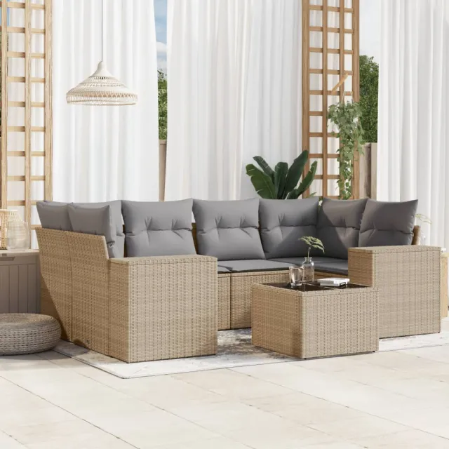 vidaXL 7-delige Loungeset met kussens poly rattan beige, foto 2