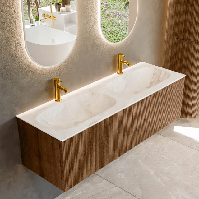 Mondiaz KURVE-DLUX 140 cm Onderkast Greeploos 2 Lades Zonder Deuren Walnut, Wastafel Solid Surface Dubbel Frappe 2 Kraangaten Zonder Spiegel (KRVSTS1402L0D2KD-Wal/Fra)