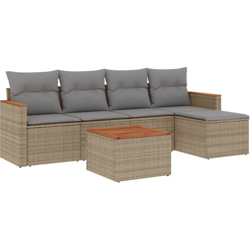 vidaXL 6-delige Loungeset met kussens poly rattan beige, foto 3