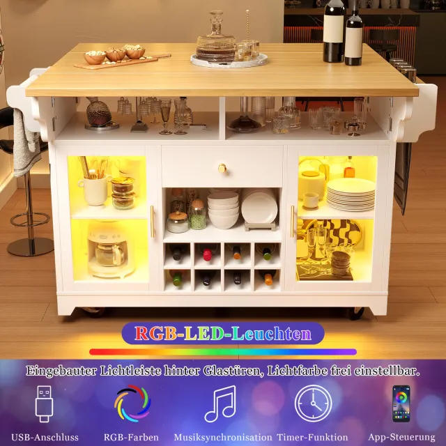 FloraGrace Keukeneiland - Opklapbare Werkbladen Met RGB-LED-Verlichting - Mobiele Bar Voor Keuken - MDF En Metaal - 120x80x95 Cm - Wit