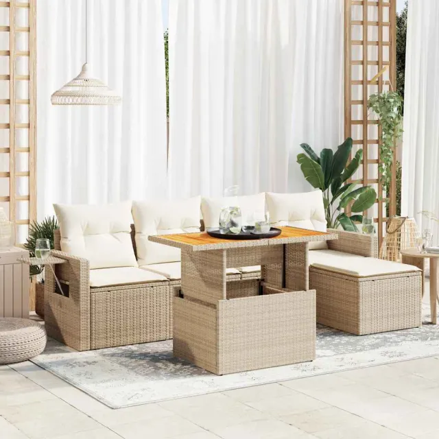 vidaXL 6-delige Loungeset met kussens poly rattan beige, foto 2