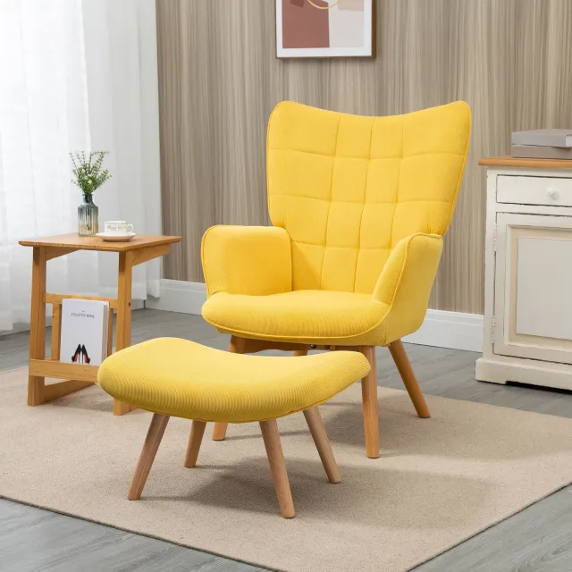 STILVORA Fauteuil 72 x 80 x 101 cm - Met Hocker en Zachte Bekleding - Voor Lezen en Ontspannen - Polyester en Houten Poten - Geel