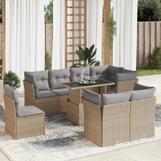 vidaXL 9-delige Loungeset met kussens poly rattan beige, foto 2