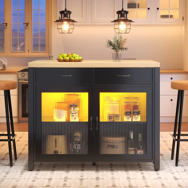 WUVRIE Keukeneiland 100 x 80 x 90 cm - LED, 2 lades en glazen deur - Zwart