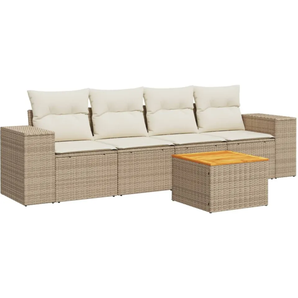 vidaXL 5-delige Loungeset met kussens poly rattan beige, foto 3