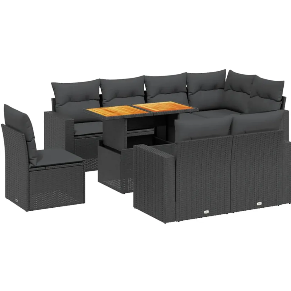 vidaXL 9-delige Loungeset met kussens poly rattan zwart