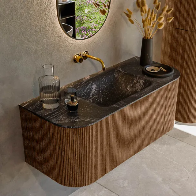 Mondiaz KURVE-DLUX 110 cm Onderkast Greeploos 1 Lade Met Deuren Walnut, Wastafel Solid Surface Midden Lava 1 Kraangat Zonder Spiegel (KRVCLO110L+R1L2D1KM-Wal/Lav)
