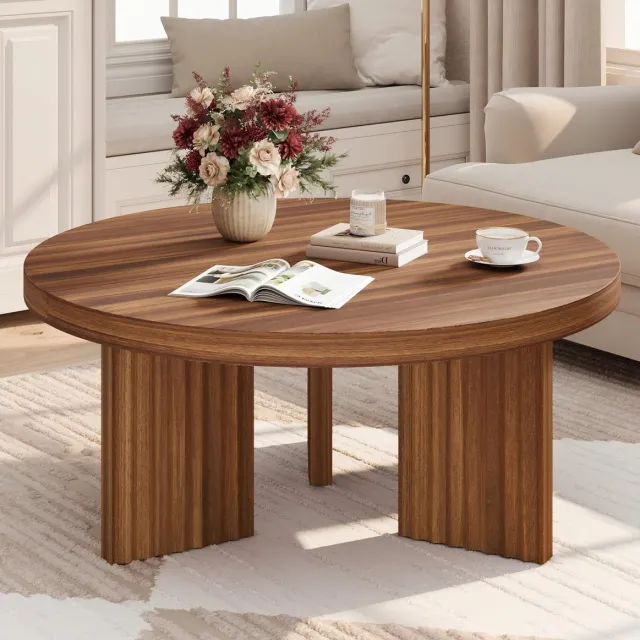 Triumpunpre Ronde salontafel 85 cm - Houten bijzettafel met golfpoten - MDF koffietafel in notenbruin mat - Woonkamer tafel met dik blad - Eenvoudig te monteren centrumtafel walnootkleur