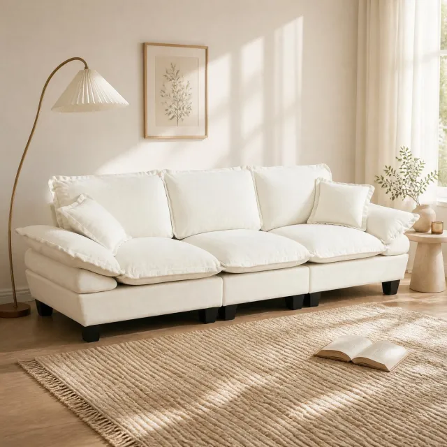 DESMIU Bank - 3-Zits Zitbank - Cloud Sofa Met Ronde Armleuningen En Hoge Poten - Voor Woonkamer En Appartement - Chenille - Beige
