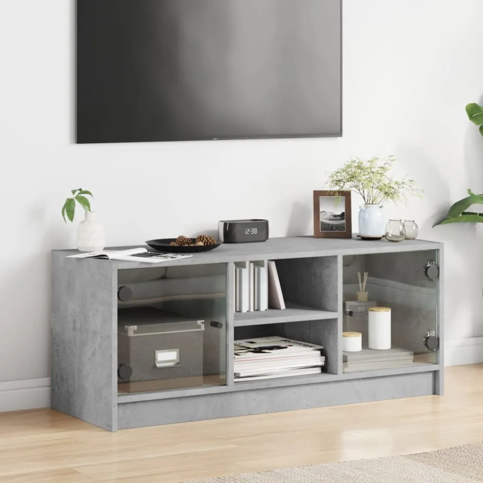 vidaXL Tv-meubel met glazen deuren 102x37x42 cm betongrijs grijs, foto 3