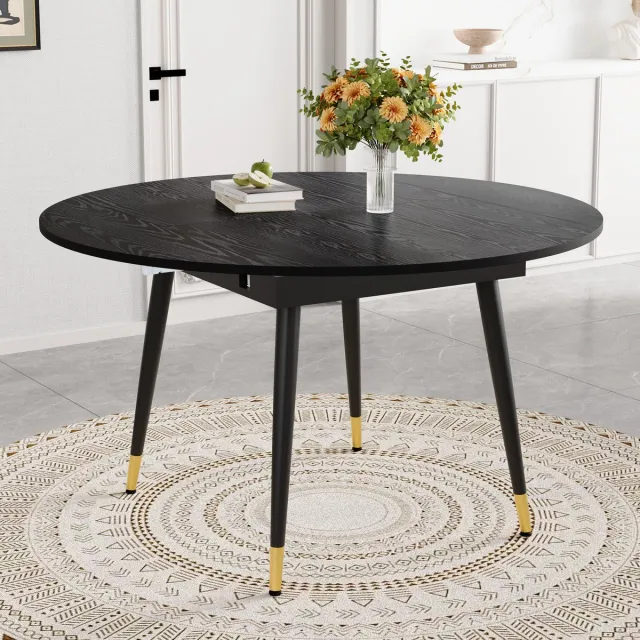STILVORA Eettafel - Uitschuifbaar Van Rond Naar Ovaal - Ruimtebesparend Voor Keuken En Eetkamer - MDF - Zwart Wit Zwart