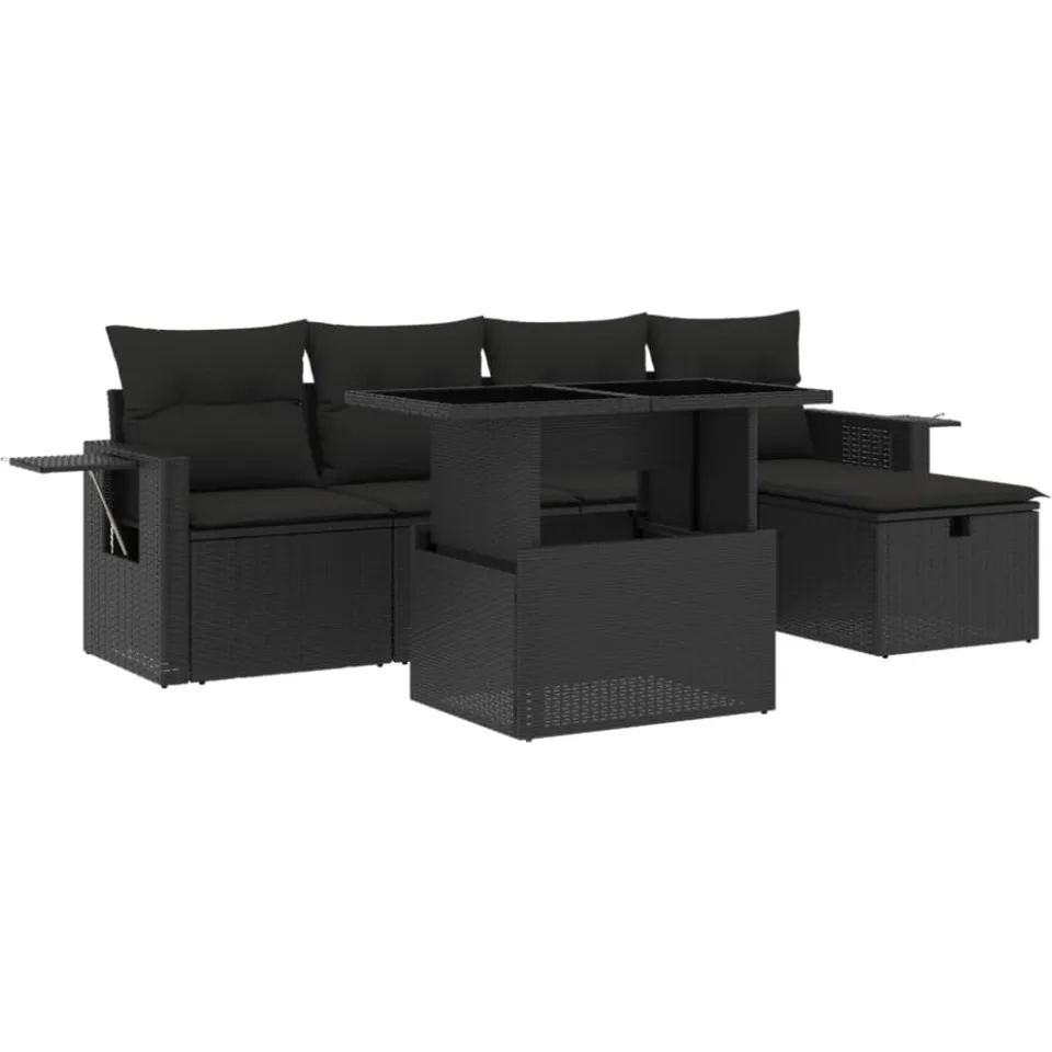vidaXL 6-delige Loungeset met kussens poly rattan zwart, foto 3