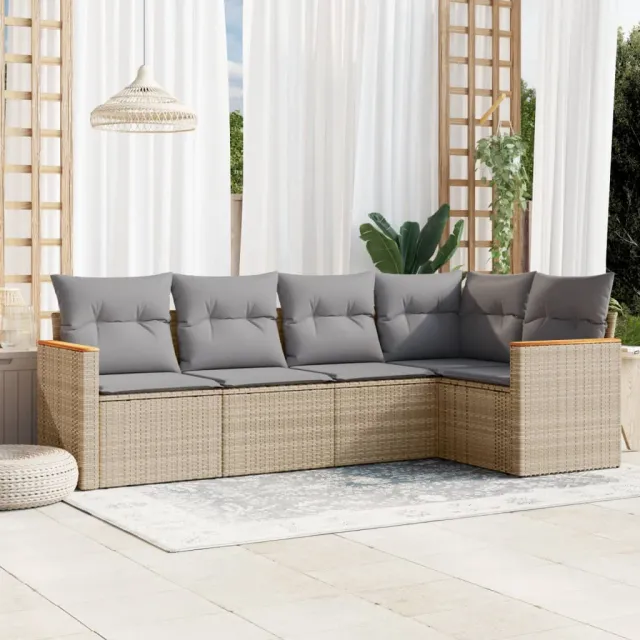 vidaXL 5-delige Loungeset met kussens poly rattan beige, foto 2