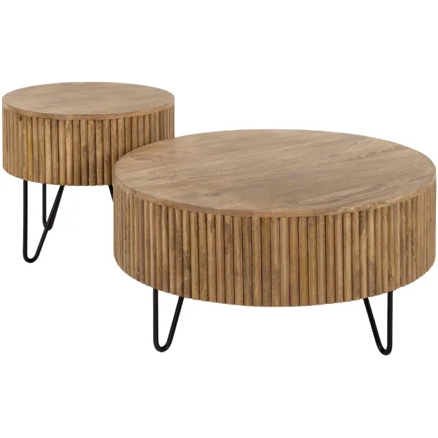 Nest of Nora Salontafel set Sari bijzettafel - Set van 2 rond op metalen poten - Mangohout Lichtbruin