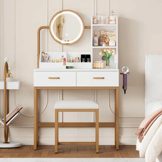 Wishdor Kaptafel - Led-Verlichting En Stopcontacten - Modern - Spaanplaat - Wit En Goud - 80 X 138,5 X 40 Cm Wit + Goud