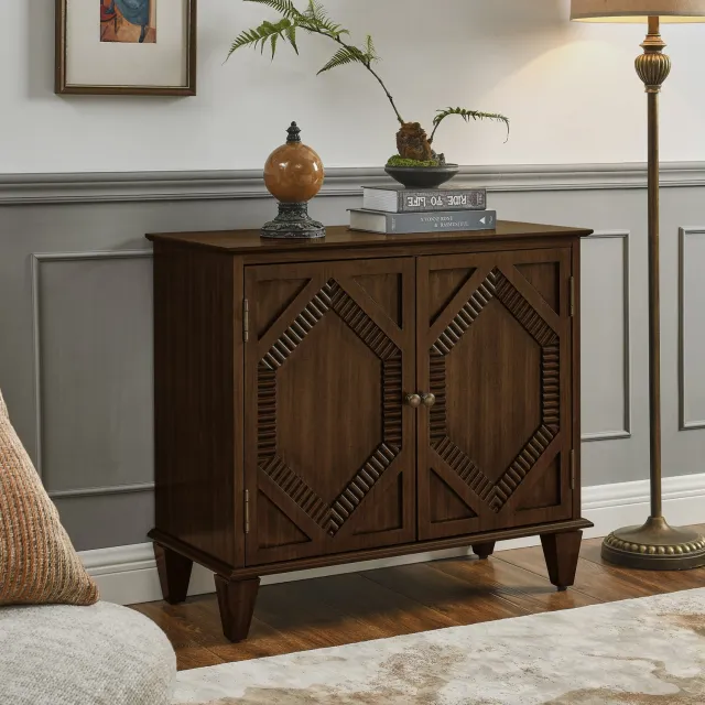 REDOM Retro dressoir 85,29 cm breed - 2 deuren en verstelbare plank - Geometrisch patroon - Walnootkleur