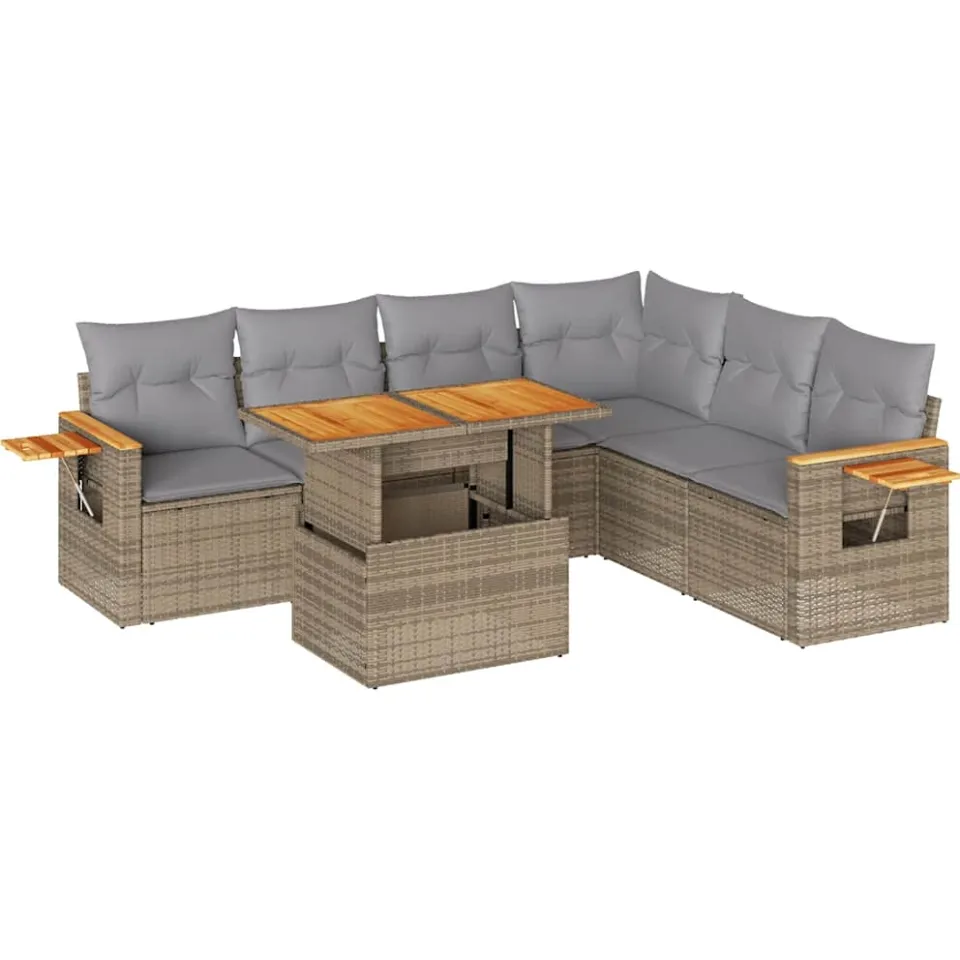 vidaXL 7-delige Loungeset met kussens poly rattan acacia beige, foto 3