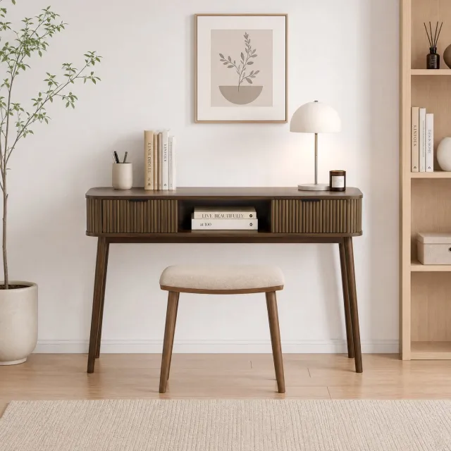 MODFU Sidetable Met 2 Lades En Open Vak - Mid-Century - Walnootlook - MDF Walnootkleur