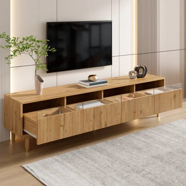 HAUSS SPOLE TV-Meubel - Modern Houtlook TV-Kast Met 4 Laden En Kabelbeheer - Elegant Voor Woonkamer En Mediaopslag - MDF - 178x35x45 cm - Houtkleur Bruin