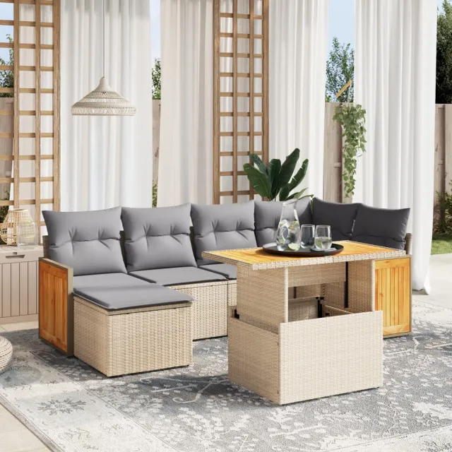 vidaXL 7-delige Loungeset met kussens poly rattan beige, foto 2