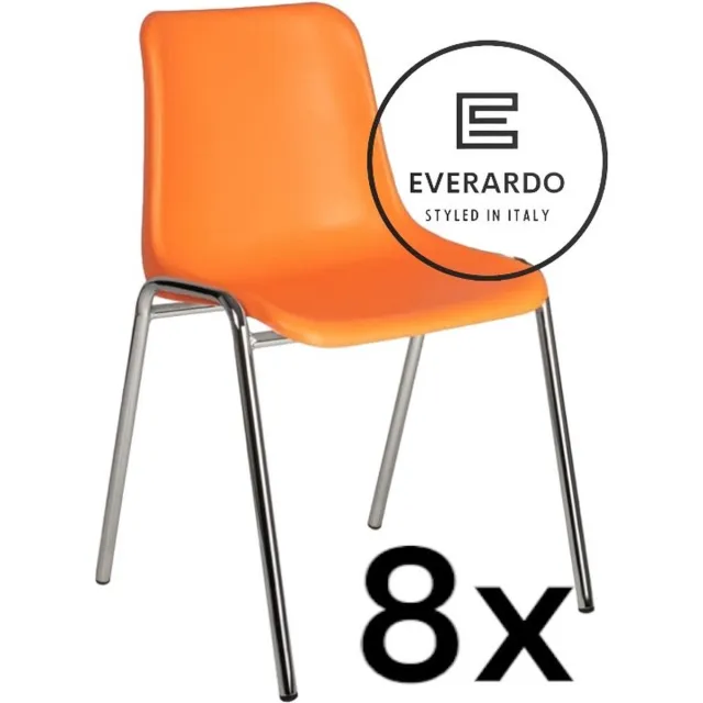 King of Chairs set van 8- model KoC Everardo oranje met verchroomd onderstel. Kantinestoel stapelstoel kuipstoel vergaderstoel tuinstoel kantine stoel stapel kantinestoelen stapelstoelen kuipstoelen stapelbare keukenstoel Helene eetkamerstoel Oranje zitting met verchroomd onderstel