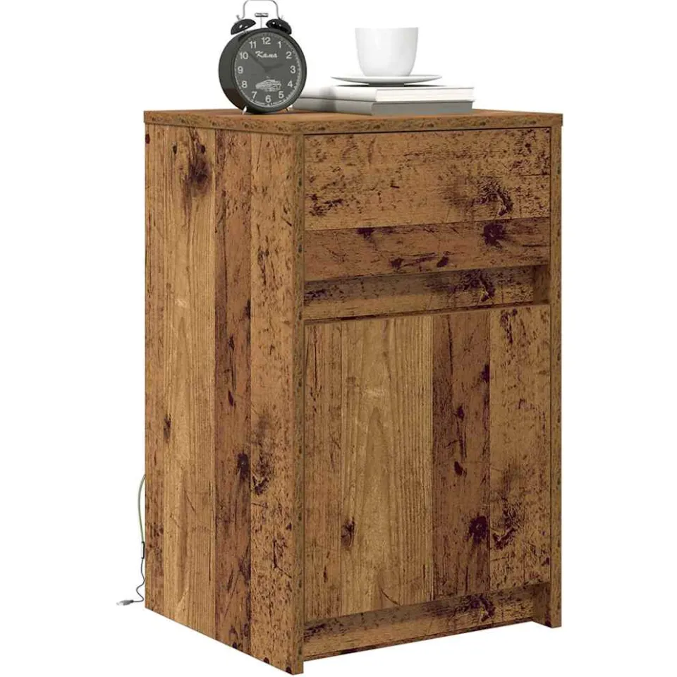 vidaXL LED Bedside Kast Oud hout 38 x 34 x 61 cm Bewerkt hout Bruin