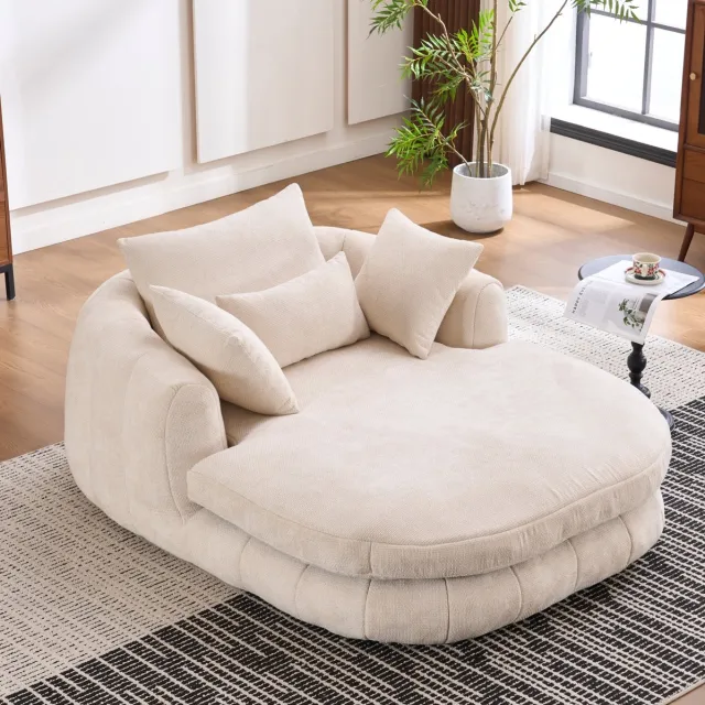 HAUSS SPOLE Chaiselongue - Ruime Eenpersoons Loungestoel - Diepe Zitting Met Zachte Kussens - Voor Woonkamer, Slaapkamer En Leeshoek - Chenille Wit