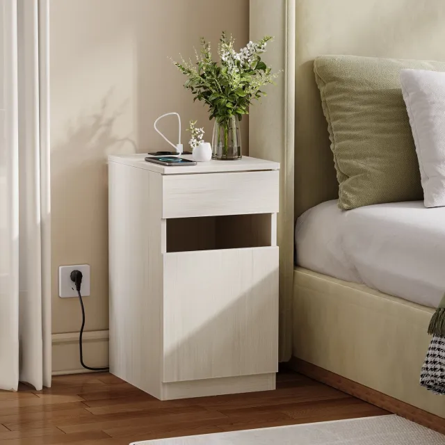 Clruro Nachtkastje - 33 x 40 x 61,5 cm - Met USB en Stopcontact - Hout - Licht Houtkleur Wit