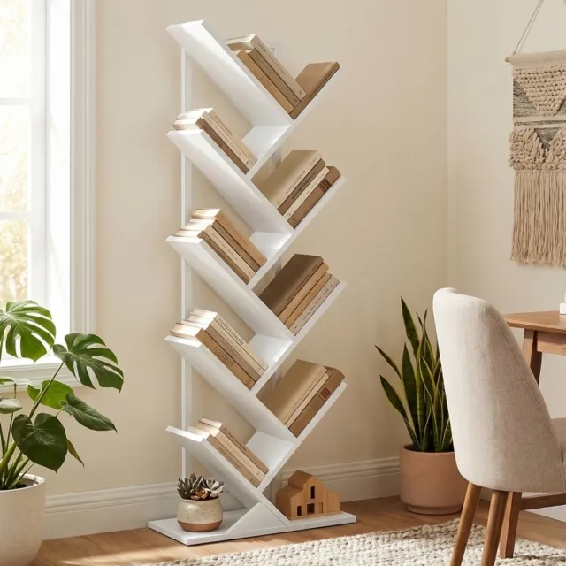 STILVORA Boekenkast Vrijstaand Boomvormig 50 X 24 X 136 Cm Hout Wit Open Kast Met Stalen Frame Voor Boeken Cd En Dvd White