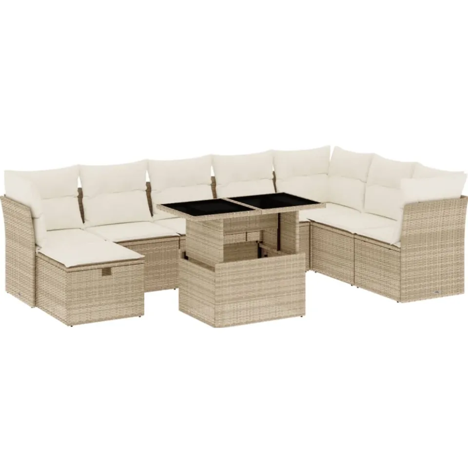 vidaXL 9-delige Loungeset met kussens poly rattan beige, foto 3