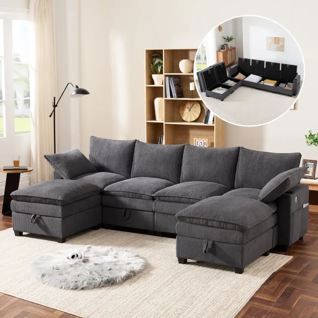 Zubaliya Moderne L-vormige Bank met Corduroy Hoes, L-Bank, 4-Zits Bank, Afneembare Voetenbank, USB-poorten, Opbergvakken en Bekerhouders, Modulaire Bank voor Woonkamer, Appartement en Kleine Ruimtes, Grijs