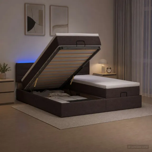 vidaXL Ottoman Bed met Matrassen en LED Donkerbruin 200 x 200 cm Stof
