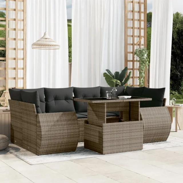 vidaXL 7-delige Loungeset met kussens poly rattan grijs, foto 2