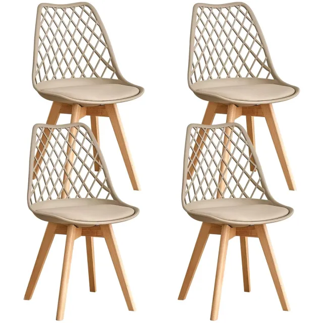 Whoopr® Set van 4 Eetkamerstoelen – Moderne Gestoffeerde Stoelen met Mesh Rugleuning & Massief Houten Poten – Comfortabele Keukenstoelen voor Eetkamer, Woonkamer & Café Beige/Khaki