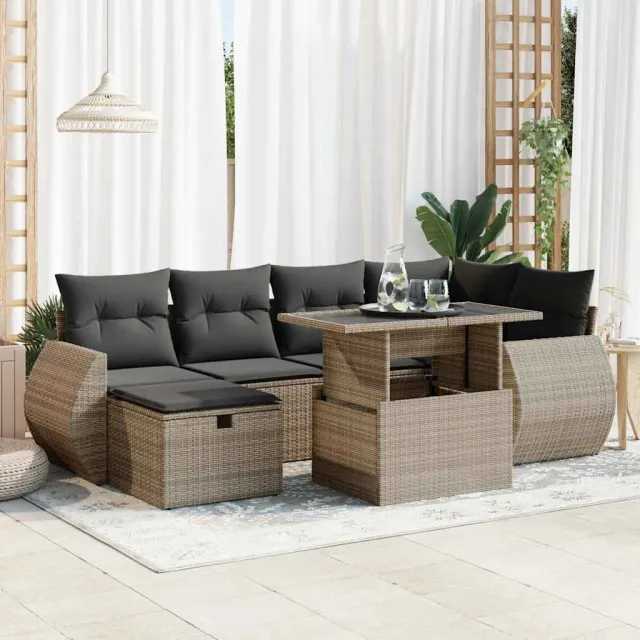 vidaXL 7-delige Loungeset met kussens poly rattan grijs, foto 2