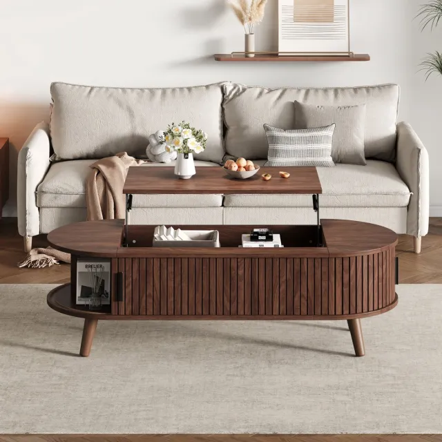 DESMIU Salontafel Hoogte Verstelbaar Met Verborgen Opbergruimte En Zijvakken Voor Woonkamer MDF Walnoot 120x50x39,5 Cm Walnut
