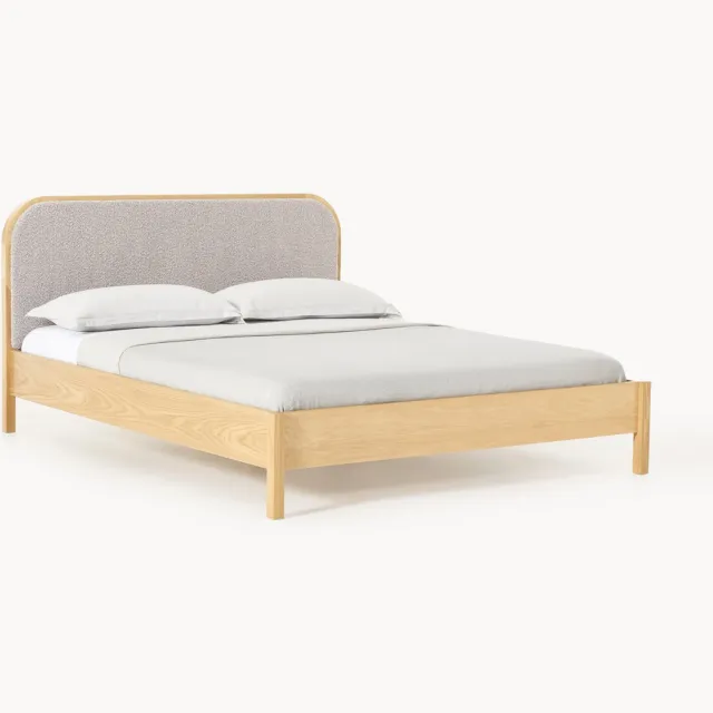 Westwing Collection Houten bed Jones met hoofdeinde van bouclé Taupe