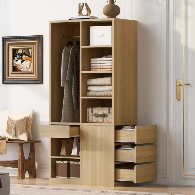 Pugsdrly Kledingkast 70 × 50 × 170 cm, met meerdere lades, verstelbare legplanken, royale opbergruimte, grote kledingstang, kledingkast voor één persoon, houtkleur